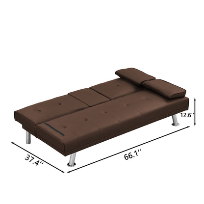 Sofa Bed with Armrest two holders WOOD FRAME, STAINLESS LEG, FUTON BROWN PVC