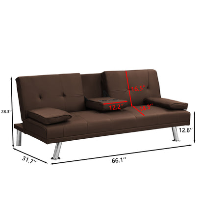 Sofa Bed with Armrest two holders WOOD FRAME, STAINLESS LEG, FUTON BROWN PVC