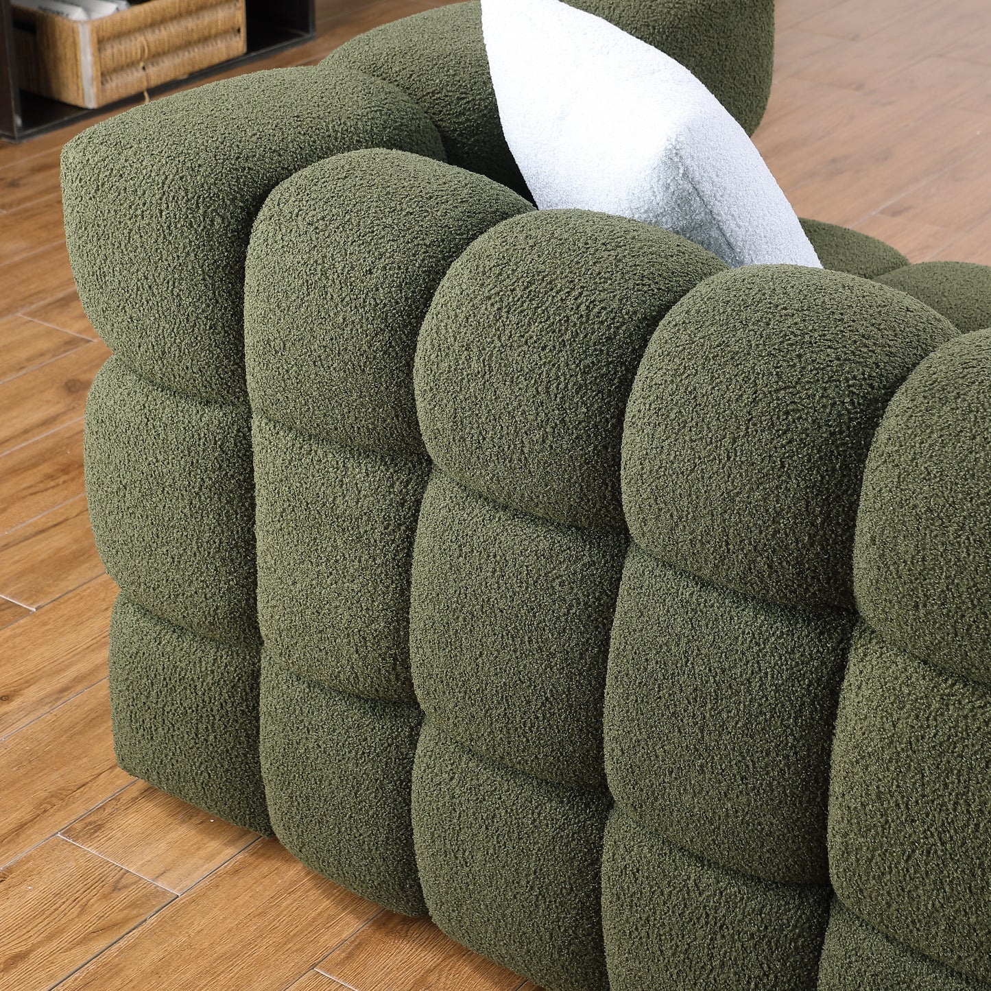 84.3 length,35.83" deepth,human body structure for USA people, marshmallow sofa,boucle sofa,3 seater, OLIVE GREEN BOUCLE