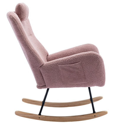 35.5 inch Rocking Chair with Pocket, Soft Teddy Fabric Rocking Chair for Nursery, Comfy Wingback Glider Rocker with Safe Solid Wood Base for Living Room Bedroom Balcony (pink)