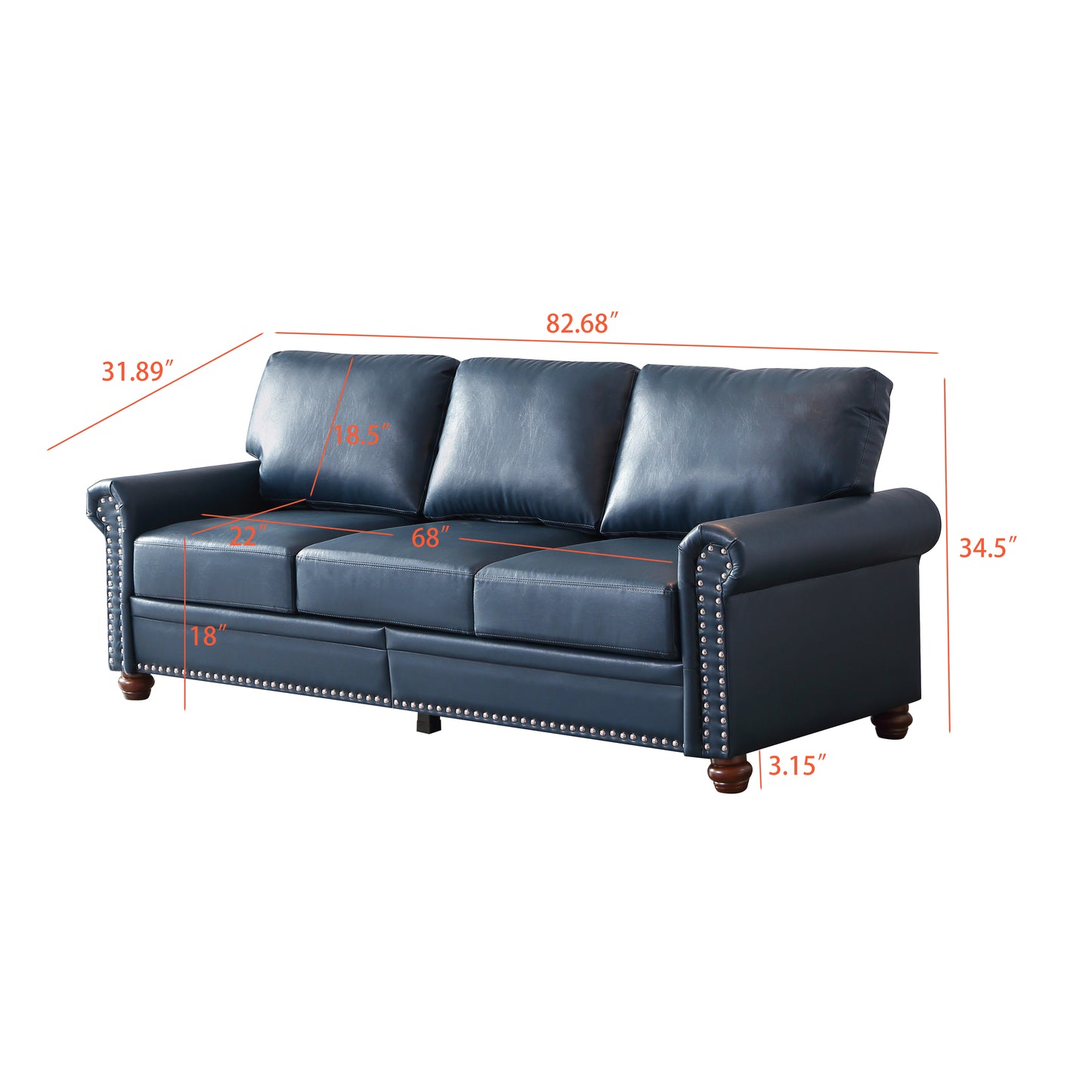 Classic Living Room Nails Sofa Navy Blue Faux Leather