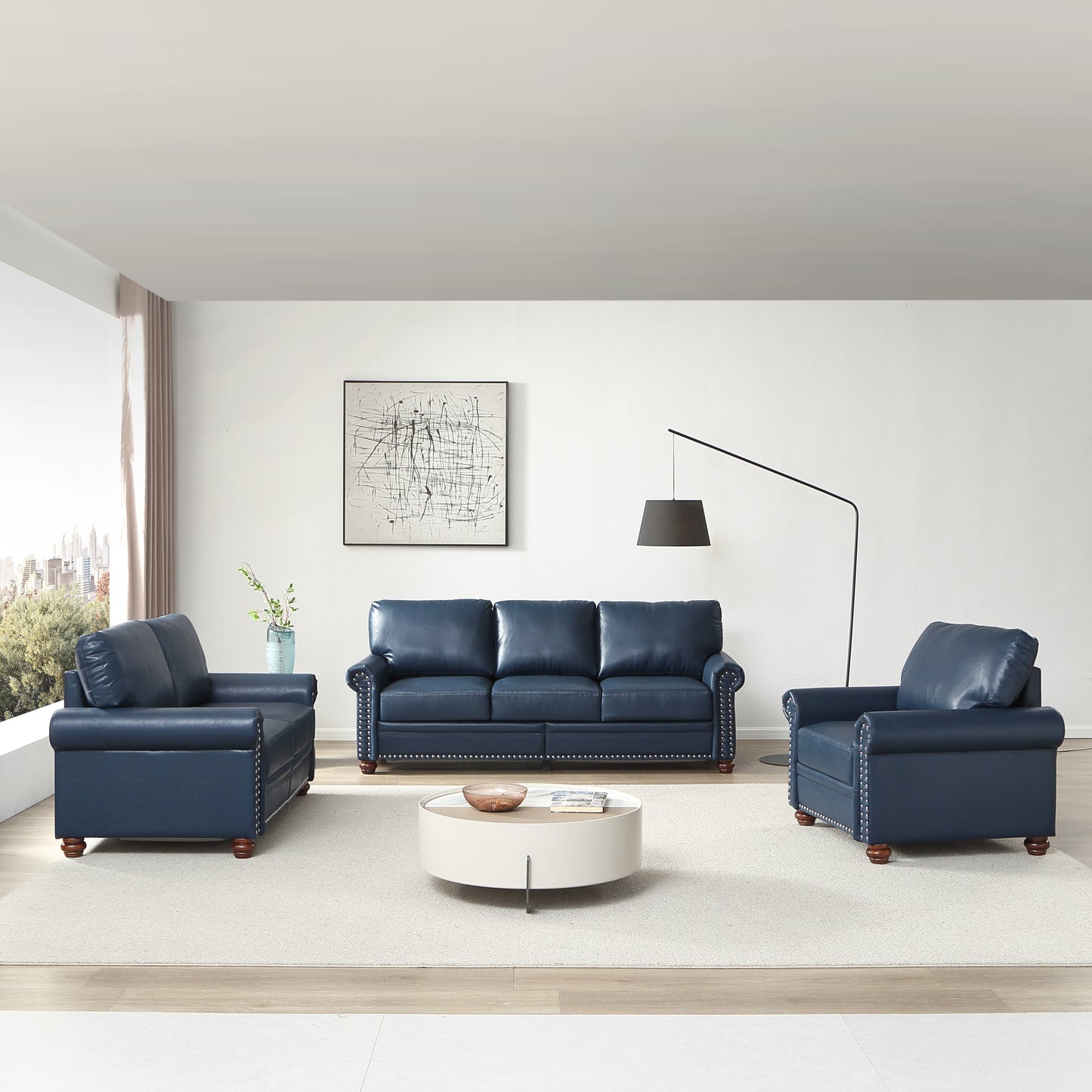 Living Room Sofa with Storage Sofa 1+2+3 Sectional Navy Blue Faux Leather