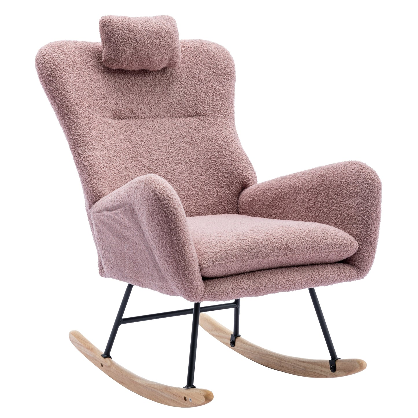 35.5 inch Rocking Chair with Pocket, Soft Teddy Fabric Rocking Chair for Nursery, Comfy Wingback Glider Rocker with Safe Solid Wood Base for Living Room Bedroom Balcony (pink)