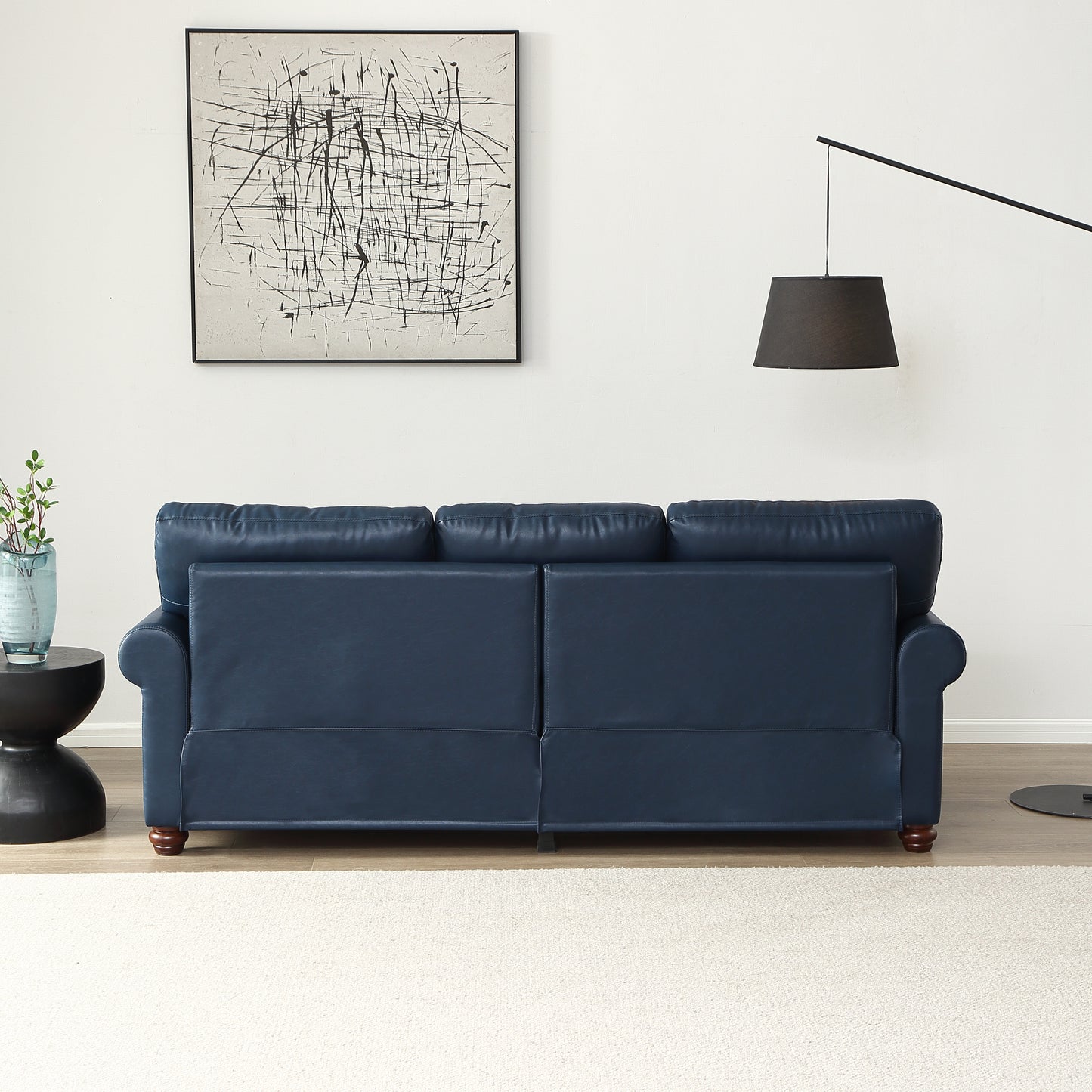 Classic Living Room Nails Sofa Navy Blue Faux Leather