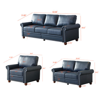 Living Room Sofa with Storage Sofa 1+2+3 Sectional Navy Blue Faux Leather