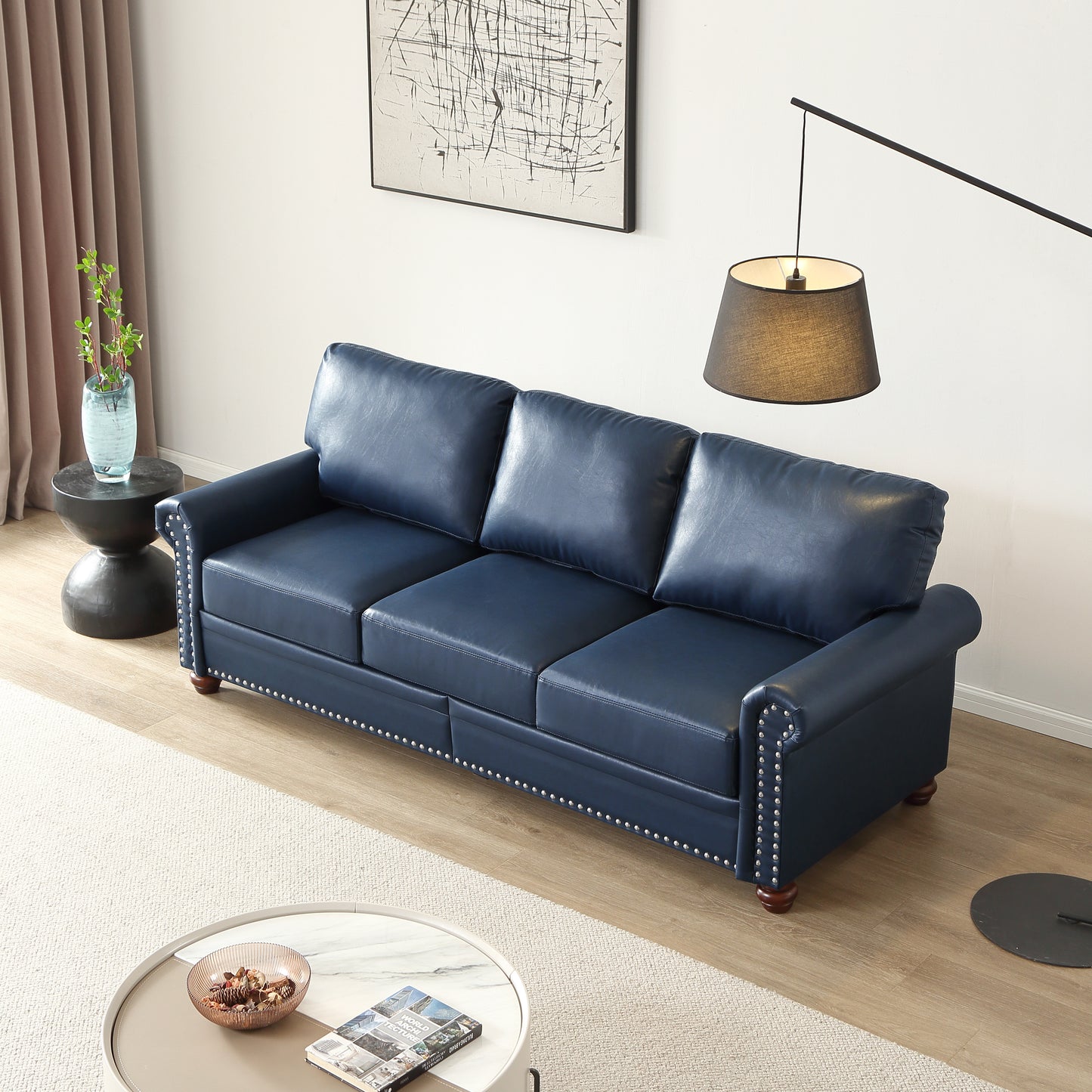 Classic Living Room Nails Sofa Navy Blue Faux Leather