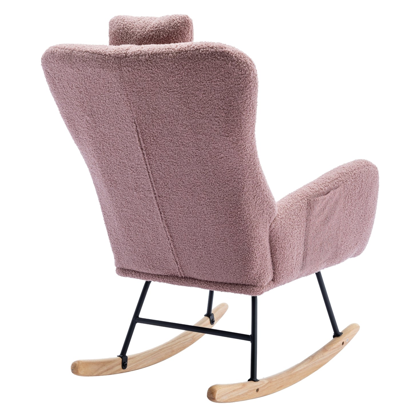 35.5 inch Rocking Chair with Pocket, Soft Teddy Fabric Rocking Chair for Nursery, Comfy Wingback Glider Rocker with Safe Solid Wood Base for Living Room Bedroom Balcony (pink)