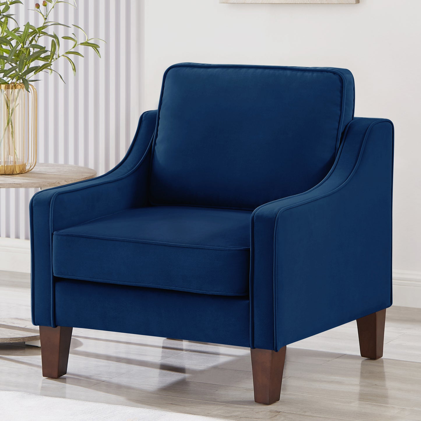 Modern Armchair, Living Room Single Seat Sofa Chair with Wooden Legs, Upholstered Velvet Accent Chair for Living Room, Bedroom,Navy