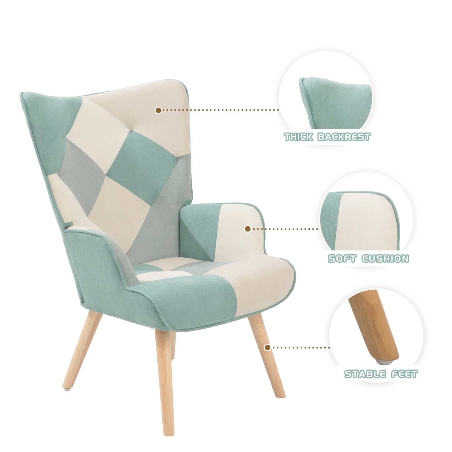 Accent Chair with Ottoman, Living Room Chair and Ottoman Set, Comfy Side Armchair for Bedroom, Creative Splicing Cloth Surface