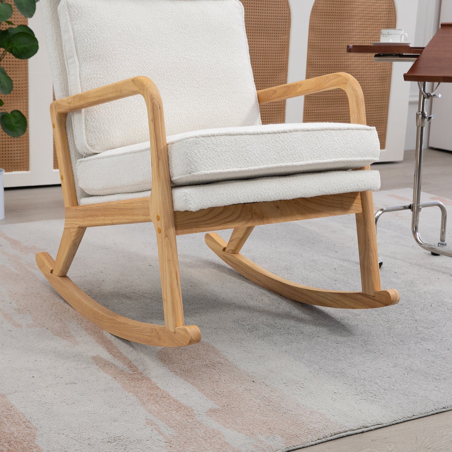 25.2"W Modern Rocking Chair Accent Lounge Armchair Comfy Boucle Upholstered High Back Wooden Rocker for Nursery Living Room Baby Kids Room Bedroom, Ivory