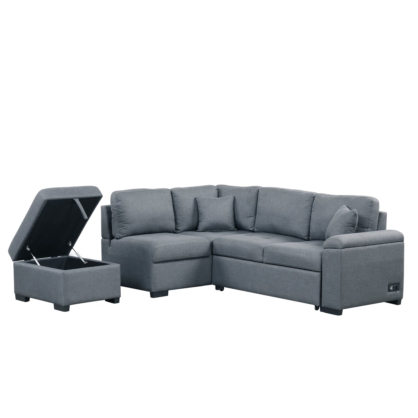 Sleeper Sectional Sofa, L-Shape Corner Couch Sofa-Bed with Storage Ottoman & Hidden Arm Storage & USB Charge for Living Room Apartment, Dark Gray