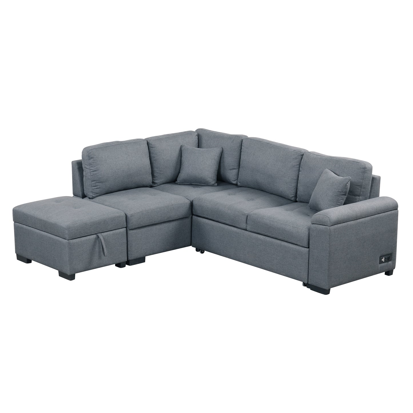 Sleeper Sectional Sofa, L-Shape Corner Couch Sofa-Bed with Storage Ottoman & Hidden Arm Storage & USB Charge for Living Room Apartment, Dark Gray