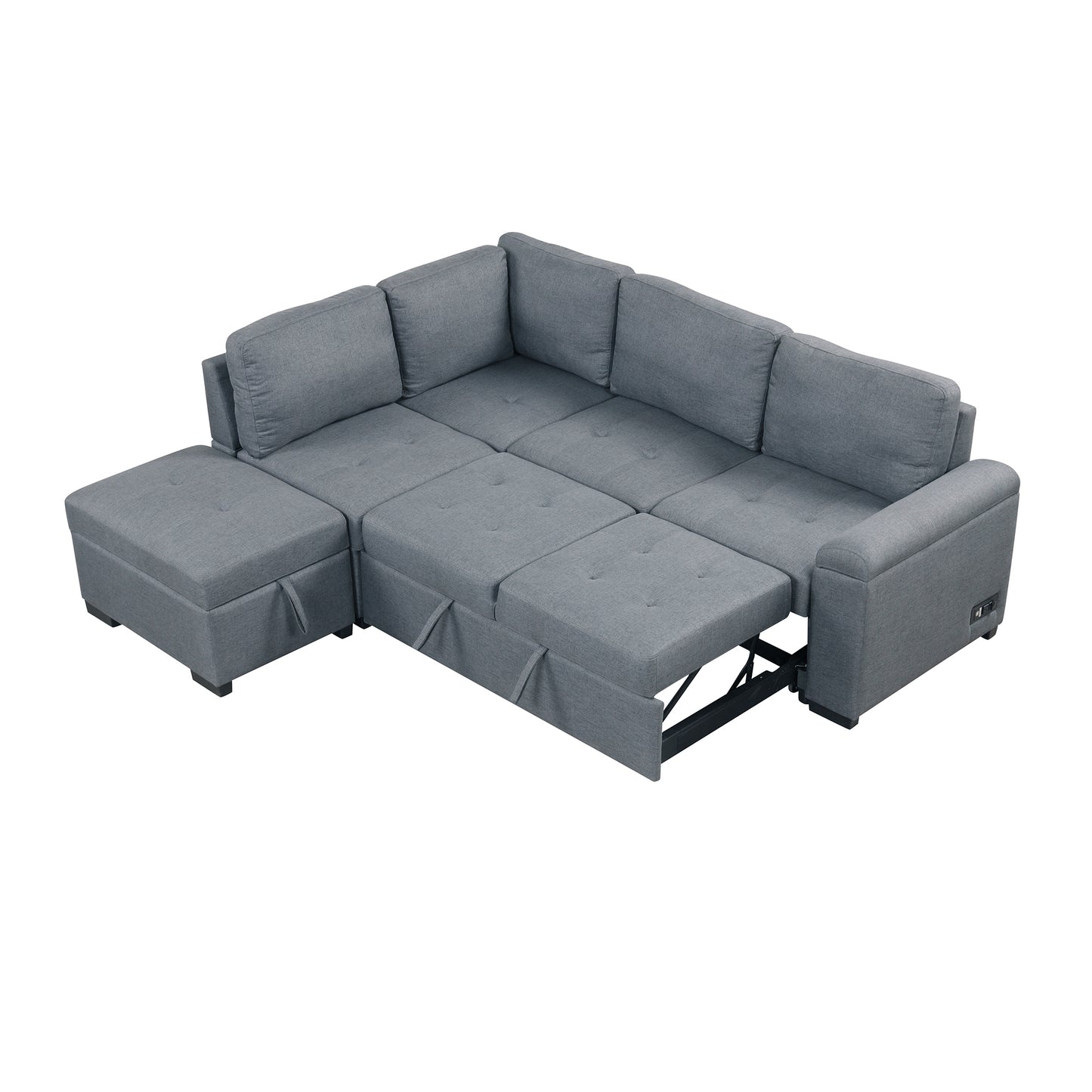 Sleeper Sectional Sofa, L-Shape Corner Couch Sofa-Bed with Storage Ottoman & Hidden Arm Storage & USB Charge for Living Room Apartment, Dark Gray