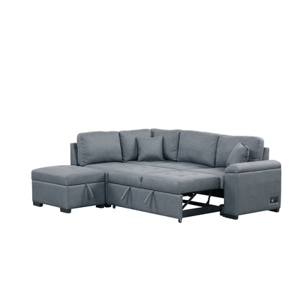 Sleeper Sectional Sofa, L-Shape Corner Couch Sofa-Bed with Storage Ottoman & Hidden Arm Storage & USB Charge for Living Room Apartment, Dark Gray