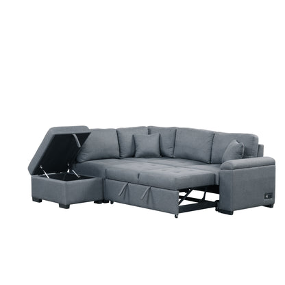 Sleeper Sectional Sofa, L-Shape Corner Couch Sofa-Bed with Storage Ottoman & Hidden Arm Storage & USB Charge for Living Room Apartment, Dark Gray