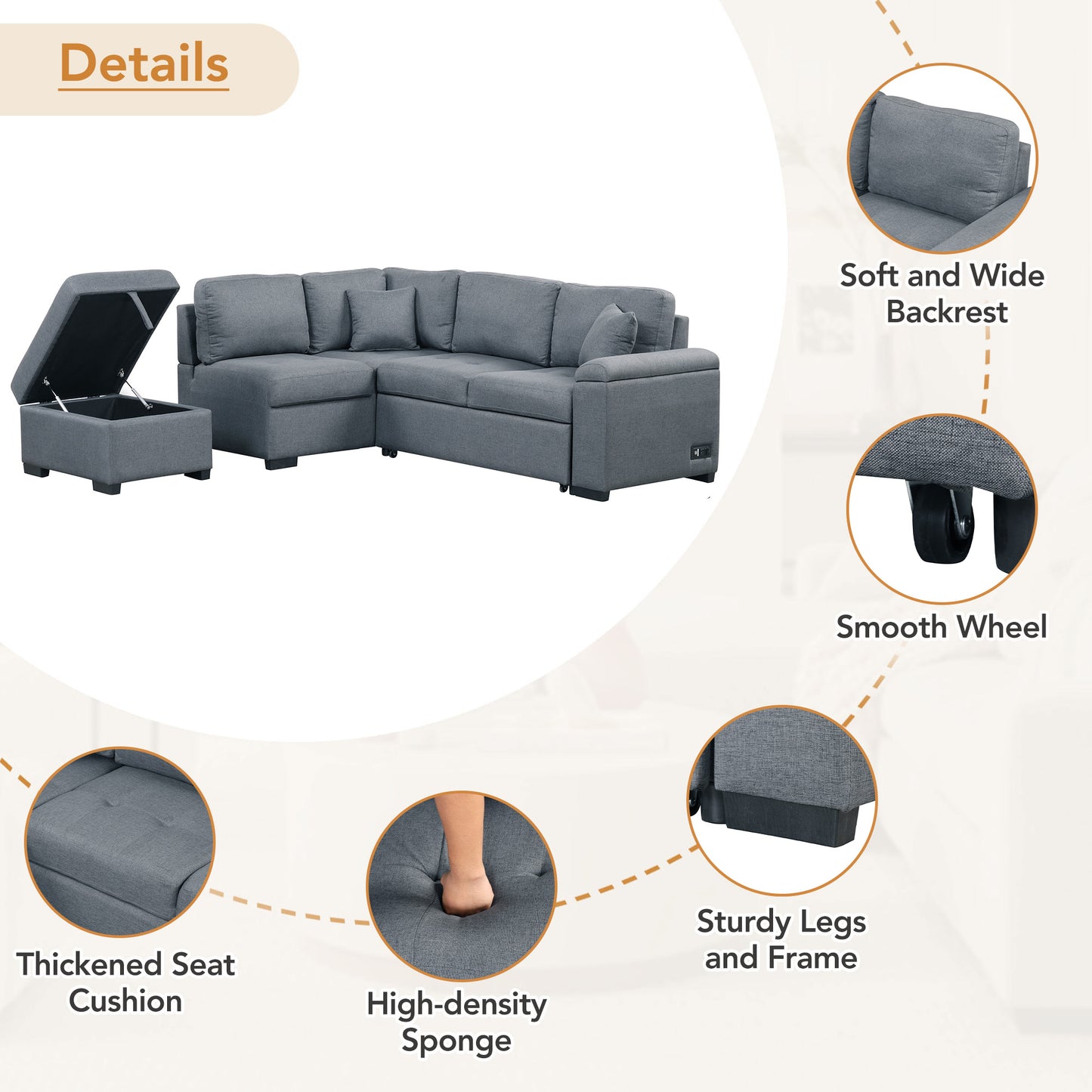 Sleeper Sectional Sofa, L-Shape Corner Couch Sofa-Bed with Storage Ottoman & Hidden Arm Storage & USB Charge for Living Room Apartment, Dark Gray