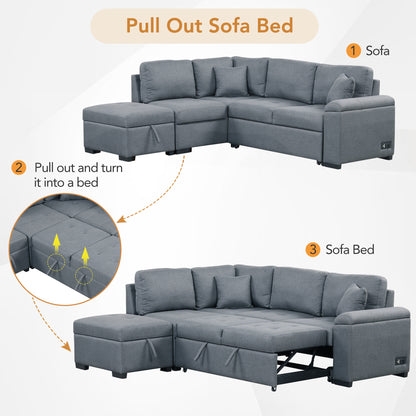 Sleeper Sectional Sofa, L-Shape Corner Couch Sofa-Bed with Storage Ottoman & Hidden Arm Storage & USB Charge for Living Room Apartment, Dark Gray