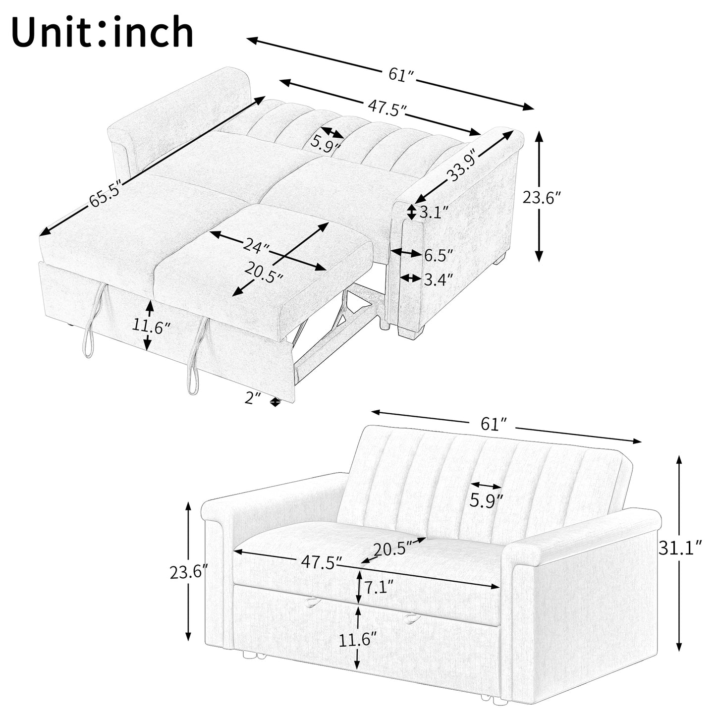 U_STYLE Convertible Soft Cushion Sofa Pull Bed,for Two People to Sit On