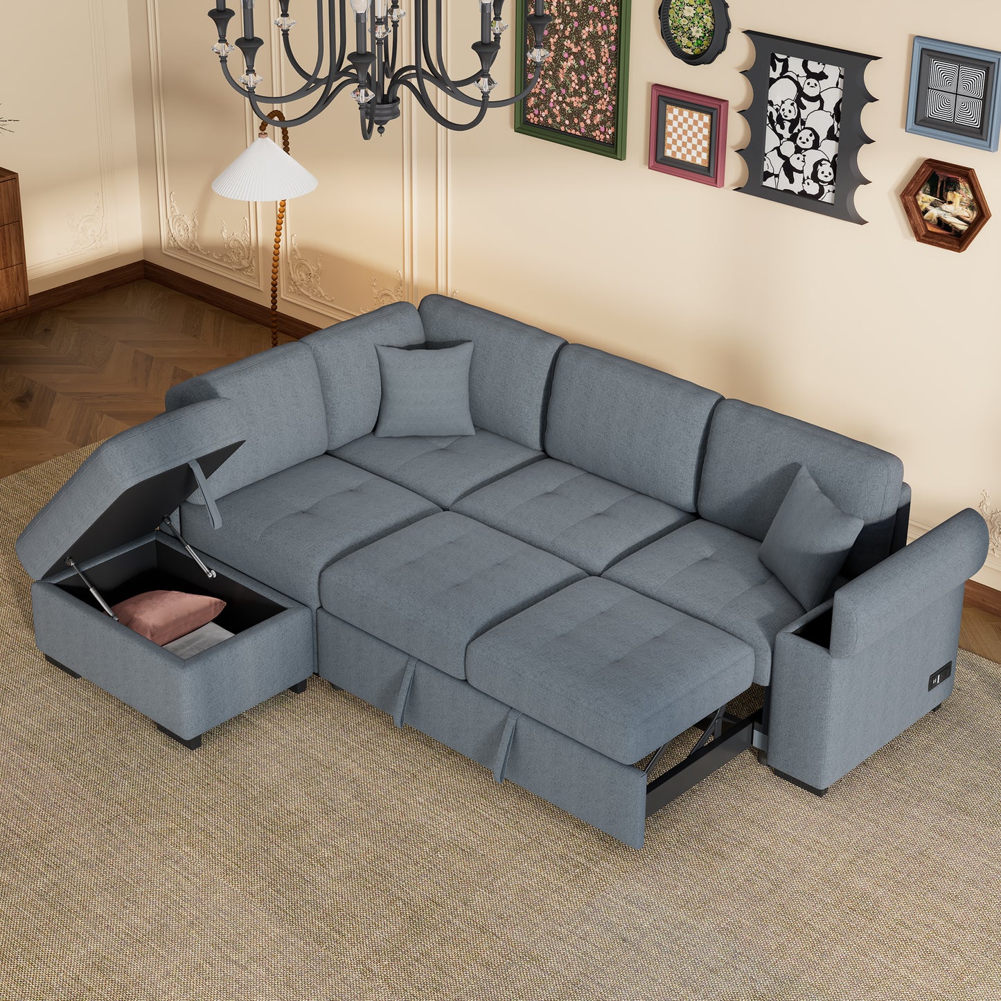 Sleeper Sectional Sofa, L-Shape Corner Couch Sofa-Bed with Storage Ottoman & Hidden Arm Storage & USB Charge for Living Room Apartment, Dark Gray