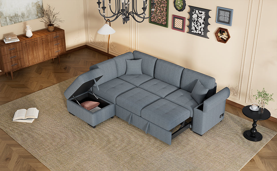 Sleeper Sectional Sofa, L-Shape Corner Couch Sofa-Bed with Storage Ottoman & Hidden Arm Storage & USB Charge for Living Room Apartment, Dark Gray