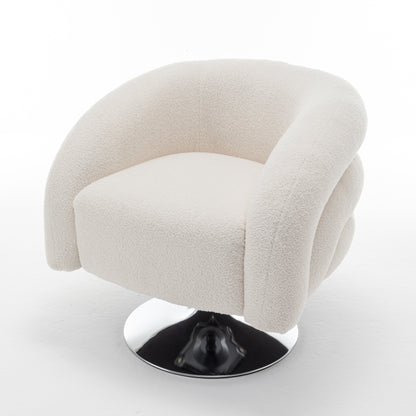 Modern style white single swivel sofa chair, Teddy upholstered single sofa with round and fluffy reading chair, suitable for living room, bedroom, corner.