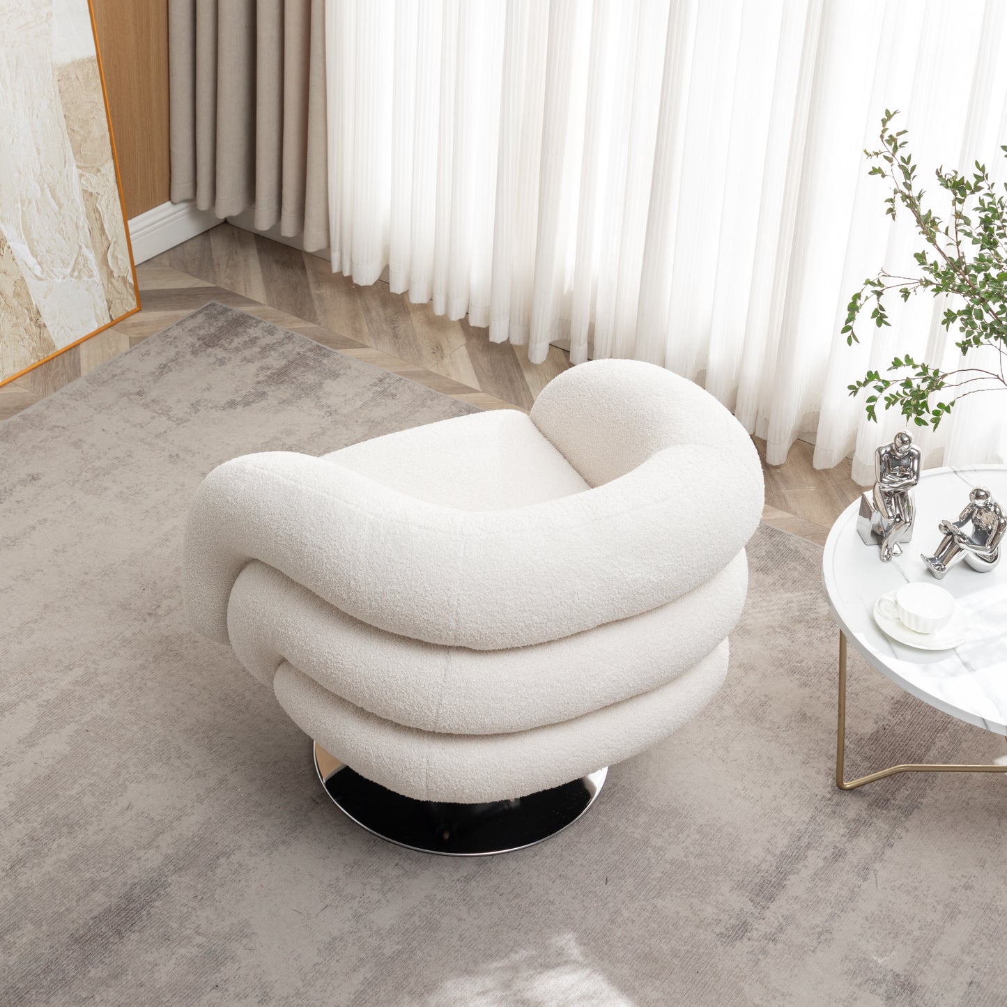 Modern style white single swivel sofa chair, Teddy upholstered single sofa with round and fluffy reading chair, suitable for living room, bedroom, corner.