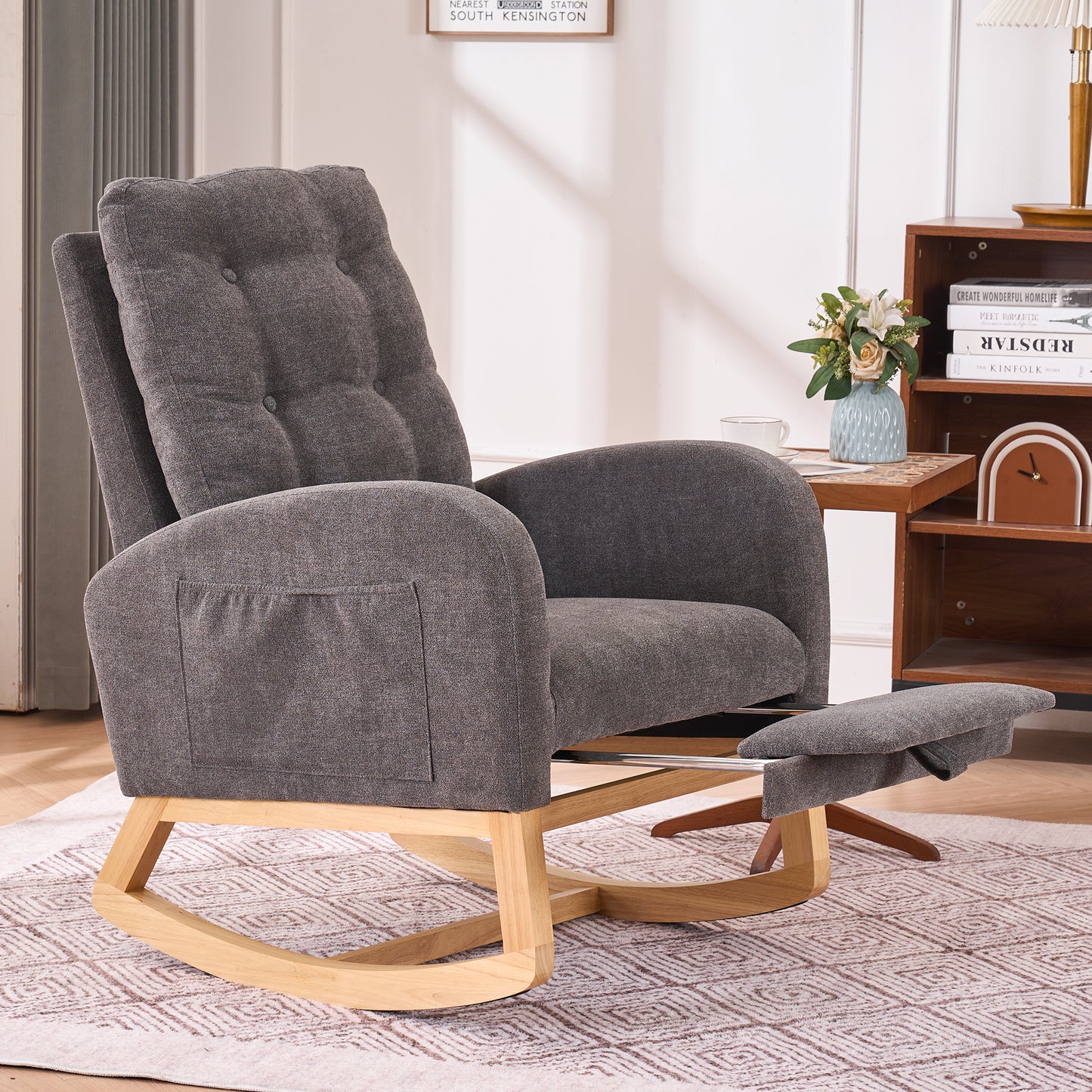 Accent Rocking Chair with Footrest High Back Rubber Wood Rocking Legs Bedroom Living Space 26.77D X 38.36W X 39.76H Inch