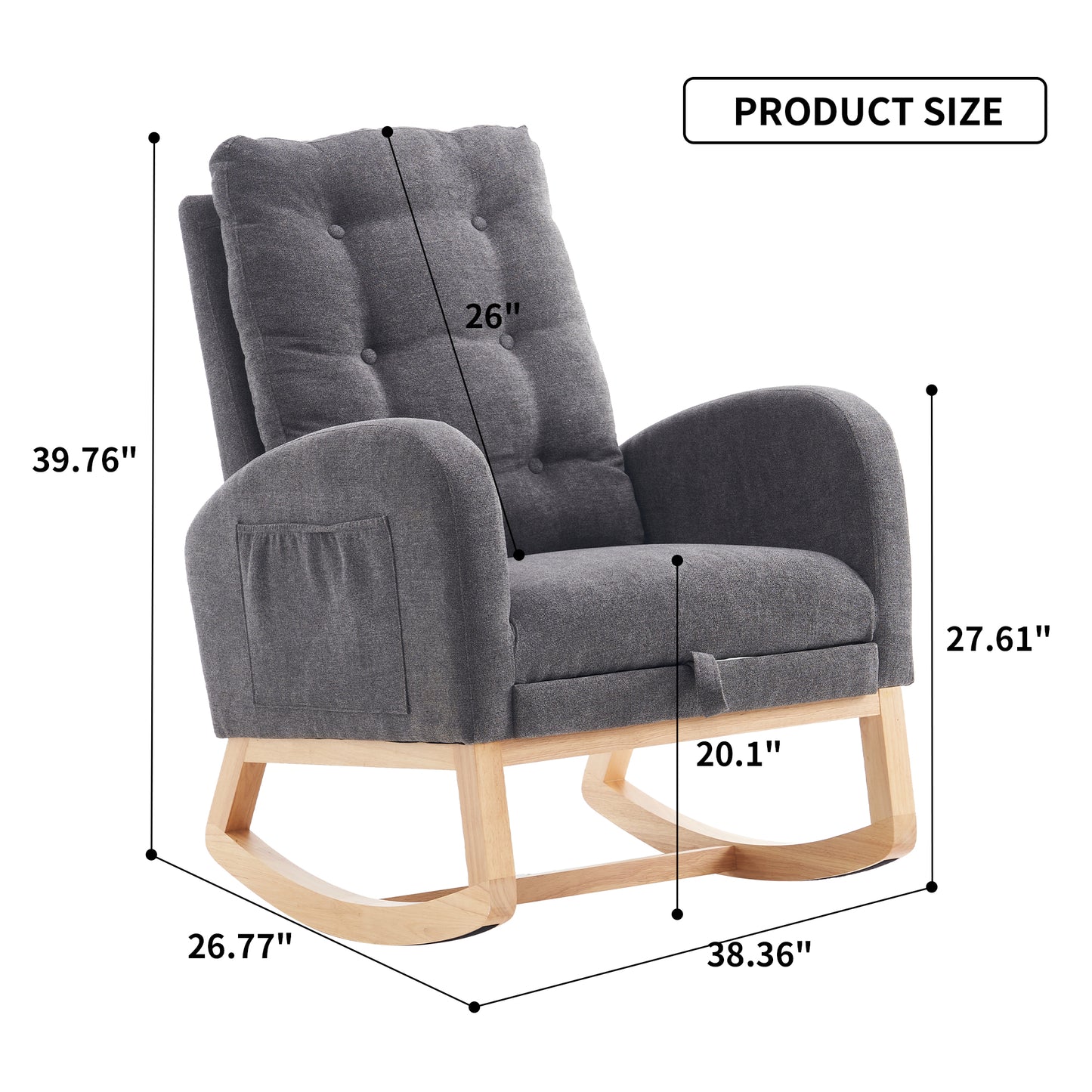 Accent Rocking Chair with Footrest High Back Rubber Wood Rocking Legs Bedroom Living Space 26.77D X 38.36W X 39.76H Inch