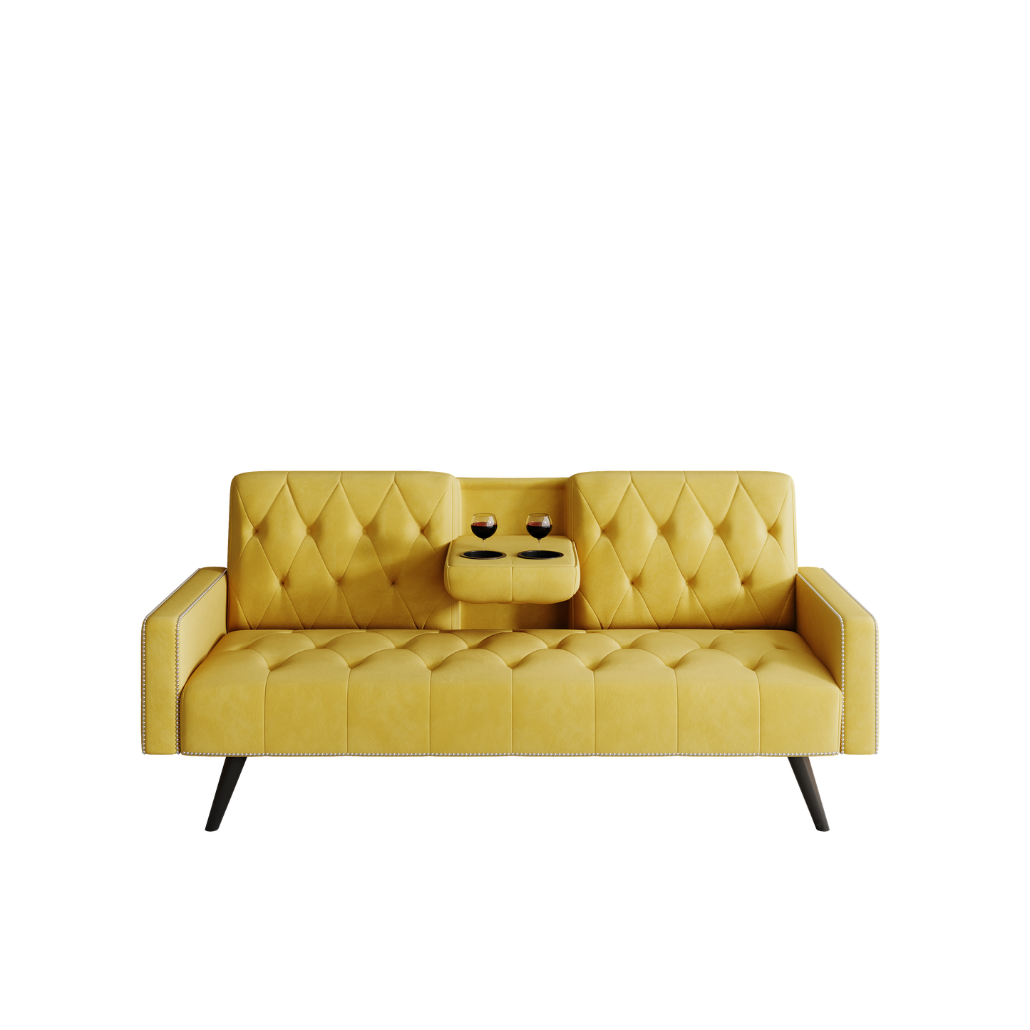 1730 Sofa Bed Armrest with Nail Head Trim with Two Cup Holders 72" Yellow Velvet Sofa for Small Spaces