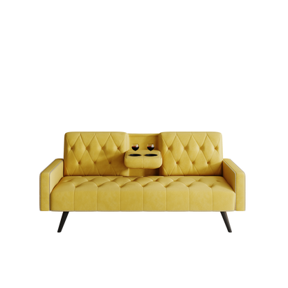 1730 Sofa Bed Armrest with Nail Head Trim with Two Cup Holders 72" Yellow Velvet Sofa for Small Spaces