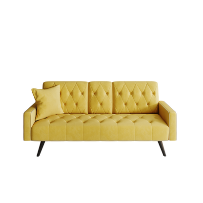 1730 Sofa Bed Armrest with Nail Head Trim with Two Cup Holders 72" Yellow Velvet Sofa for Small Spaces