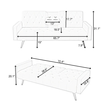 1730 Sofa Bed Armrest with Nail Head Trim with Two Cup Holders 72" Yellow Velvet Sofa for Small Spaces