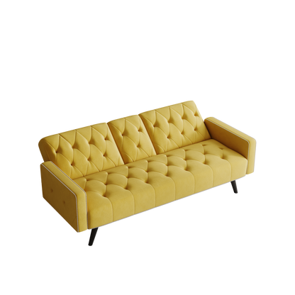 1730 Sofa Bed Armrest with Nail Head Trim with Two Cup Holders 72" Yellow Velvet Sofa for Small Spaces