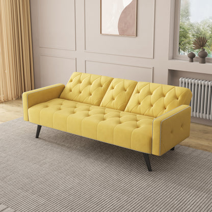 1730 Sofa Bed Armrest with Nail Head Trim with Two Cup Holders 72" Yellow Velvet Sofa for Small Spaces