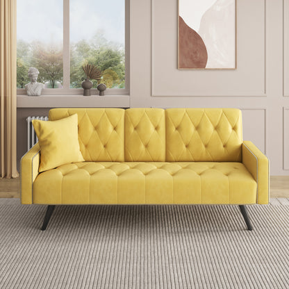 1730 Sofa Bed Armrest with Nail Head Trim with Two Cup Holders 72" Yellow Velvet Sofa for Small Spaces