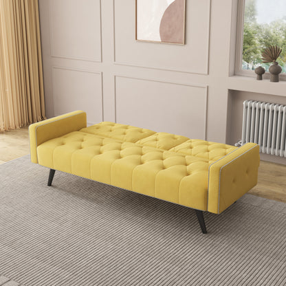 1730 Sofa Bed Armrest with Nail Head Trim with Two Cup Holders 72" Yellow Velvet Sofa for Small Spaces