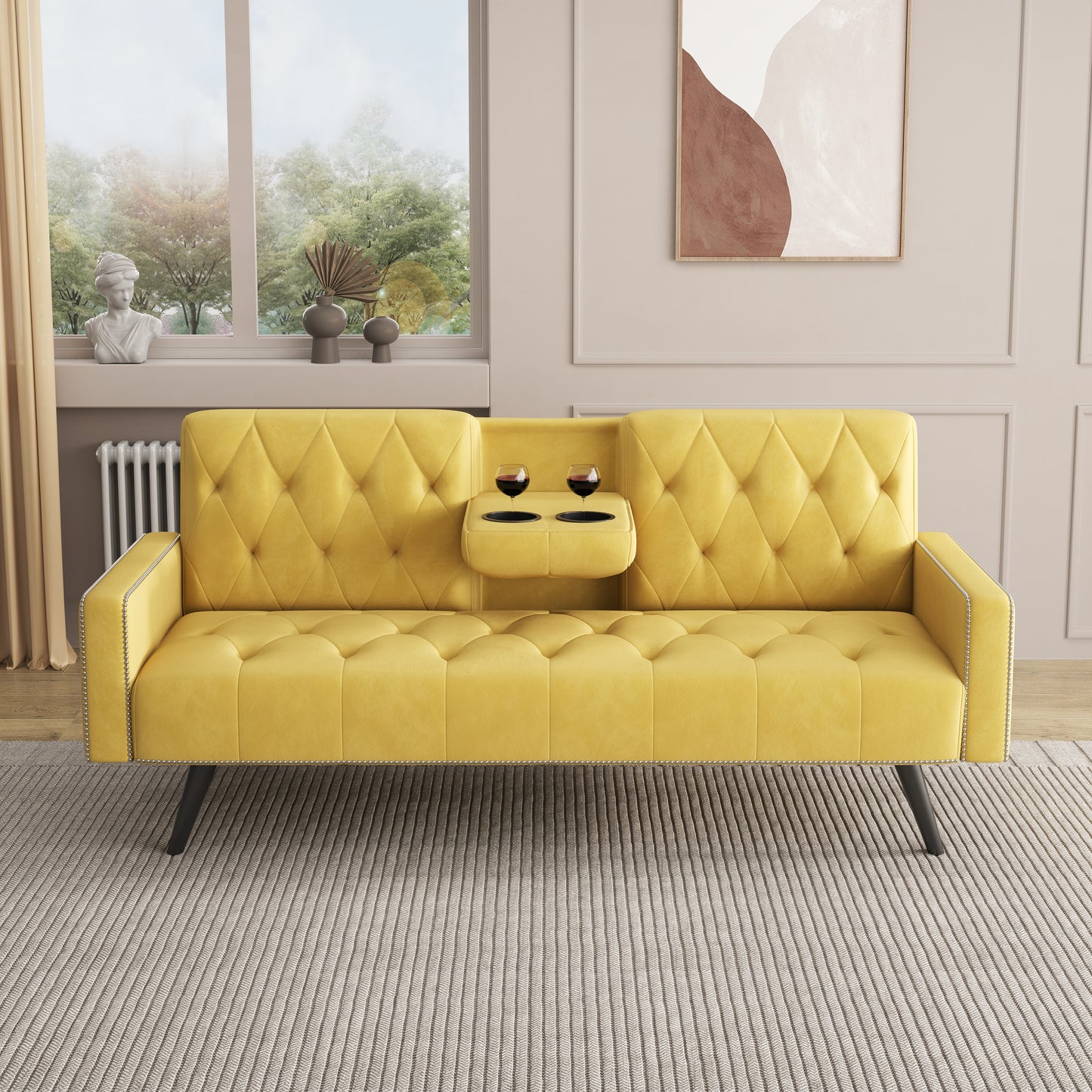 1730 Sofa Bed Armrest with Nail Head Trim with Two Cup Holders 72" Yellow Velvet Sofa for Small Spaces