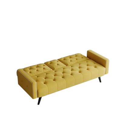 1730 Sofa Bed Armrest with Nail Head Trim with Two Cup Holders 72" Yellow Velvet Sofa for Small Spaces