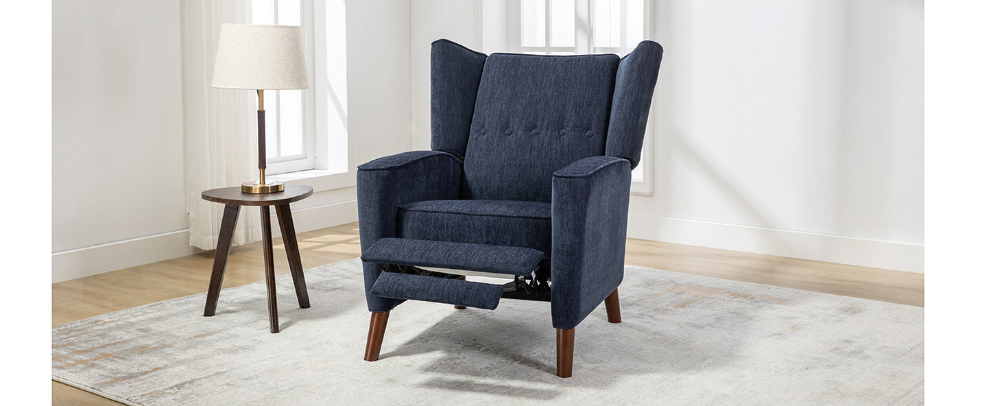 Mid Century Chenille Wingback Recliner Chair, Button Tufted Design Pushback Recliner Chair with Armrest and Solid Wood Legs, for Bedroom Living Room, Navy Blue