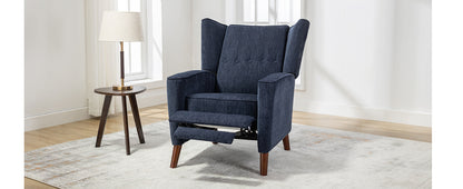 Mid Century Chenille Wingback Recliner Chair, Button Tufted Design Pushback Recliner Chair with Armrest and Solid Wood Legs, for Bedroom Living Room, Navy Blue