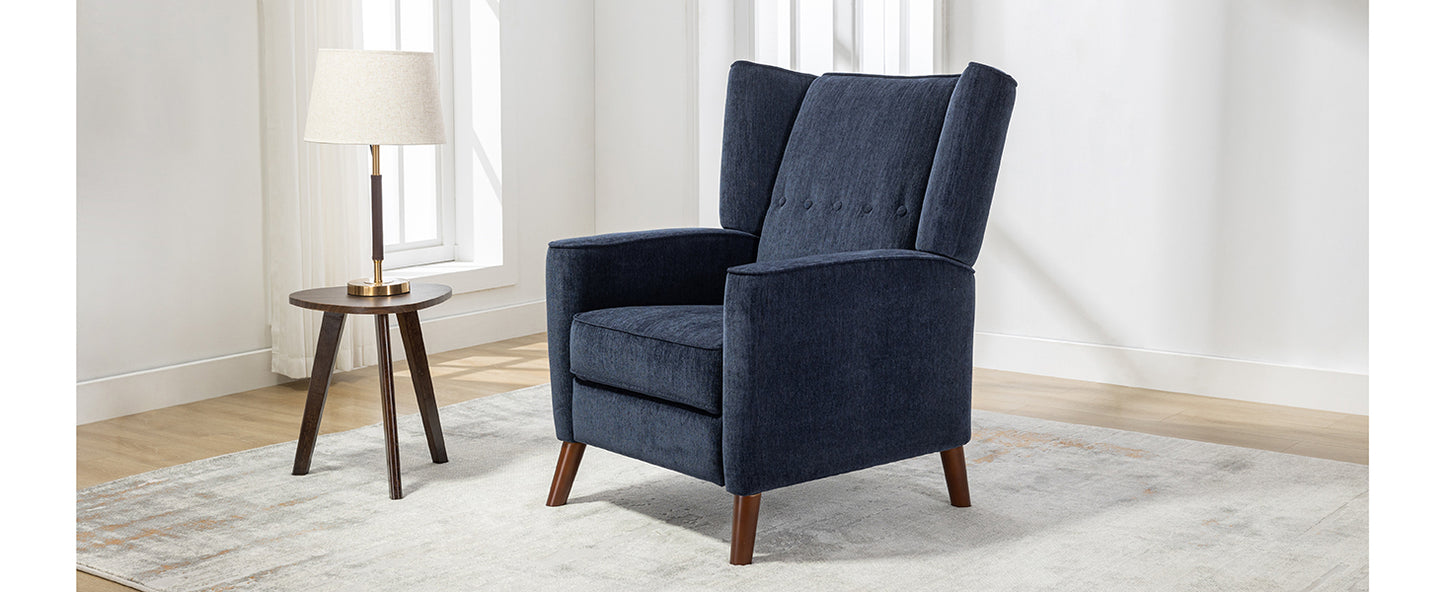 Mid Century Chenille Wingback Recliner Chair, Button Tufted Design Pushback Recliner Chair with Armrest and Solid Wood Legs, for Bedroom Living Room, Navy Blue