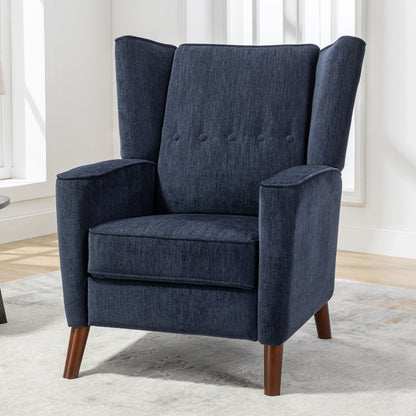 Mid Century Chenille Wingback Recliner Chair, Button Tufted Design Pushback Recliner Chair with Armrest and Solid Wood Legs, for Bedroom Living Room, Navy Blue