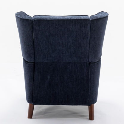 Mid Century Chenille Wingback Recliner Chair, Button Tufted Design Pushback Recliner Chair with Armrest and Solid Wood Legs, for Bedroom Living Room, Navy Blue