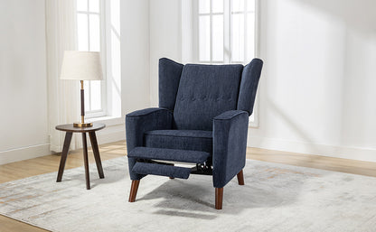 Mid Century Chenille Wingback Recliner Chair, Button Tufted Design Pushback Recliner Chair with Armrest and Solid Wood Legs, for Bedroom Living Room, Navy Blue