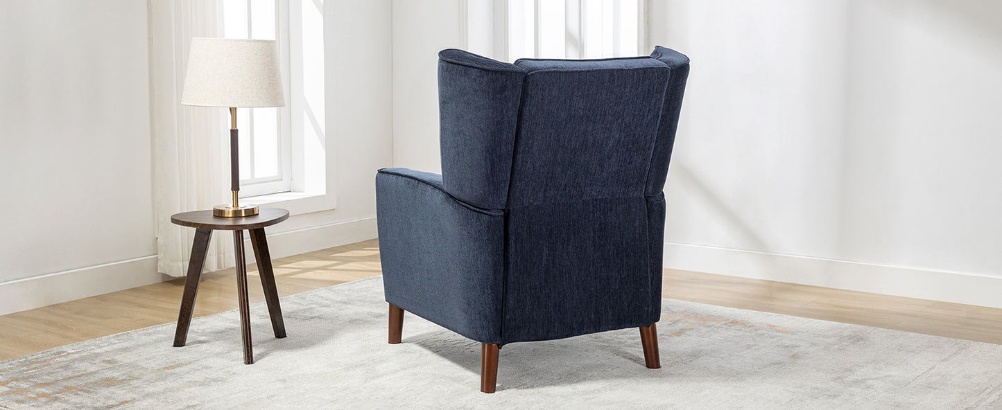 Mid Century Chenille Wingback Recliner Chair, Button Tufted Design Pushback Recliner Chair with Armrest and Solid Wood Legs, for Bedroom Living Room, Navy Blue