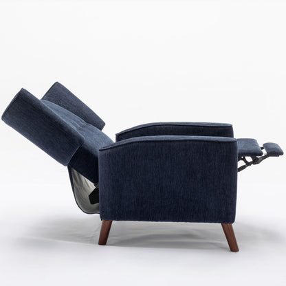 Mid Century Chenille Wingback Recliner Chair, Button Tufted Design Pushback Recliner Chair with Armrest and Solid Wood Legs, for Bedroom Living Room, Navy Blue