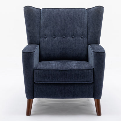 Mid Century Chenille Wingback Recliner Chair, Button Tufted Design Pushback Recliner Chair with Armrest and Solid Wood Legs, for Bedroom Living Room, Navy Blue