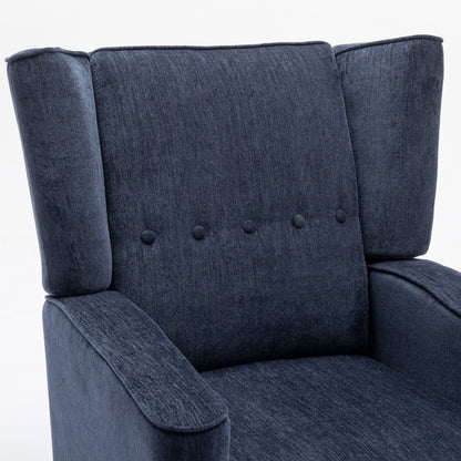 Mid Century Chenille Wingback Recliner Chair, Button Tufted Design Pushback Recliner Chair with Armrest and Solid Wood Legs, for Bedroom Living Room, Navy Blue