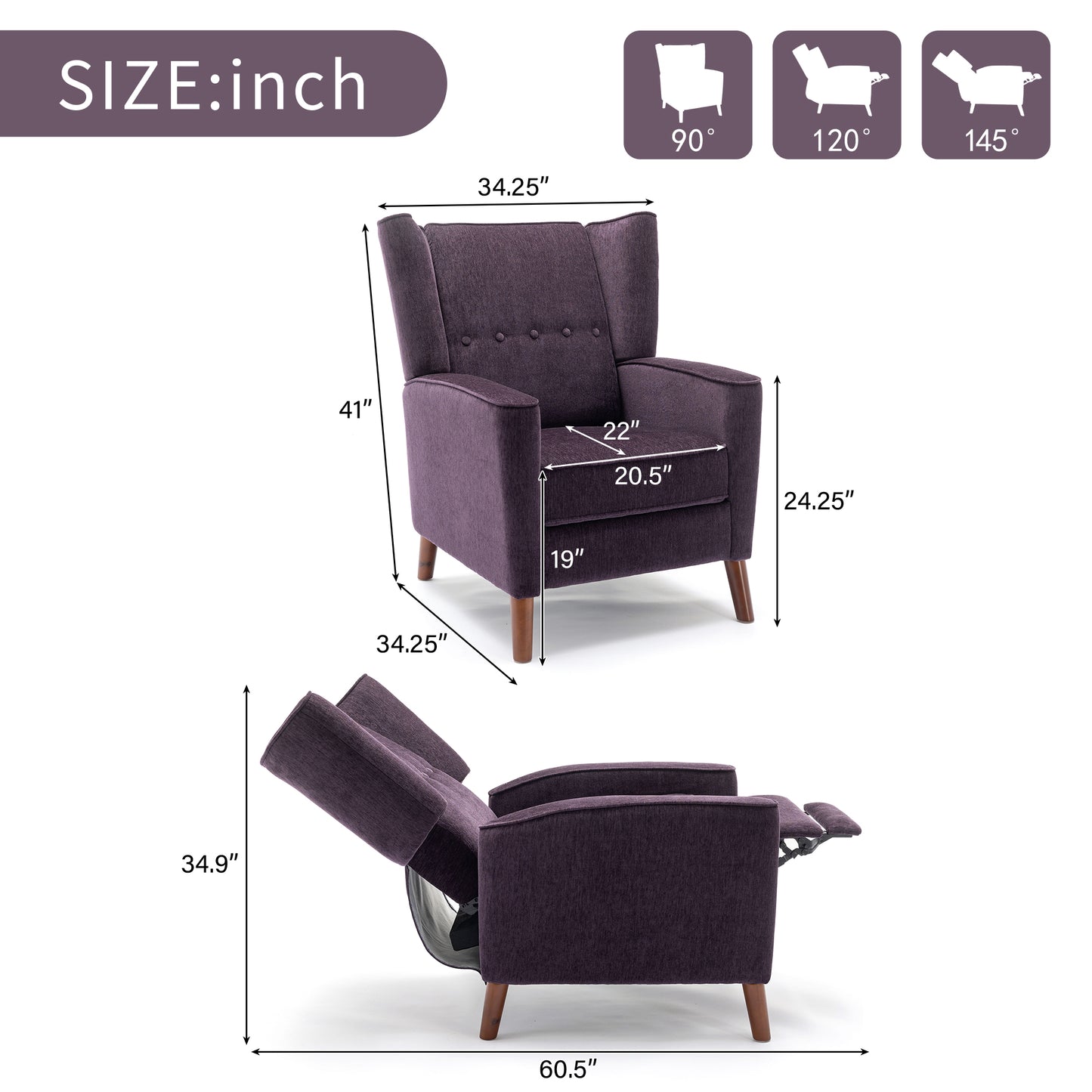 Mid Century Chenille Wingback Recliner Chair, Button Tufted Design Pushback Recliner Chair with Armrest and Solid Wood Legs, for Bedroom Living Room, Purple