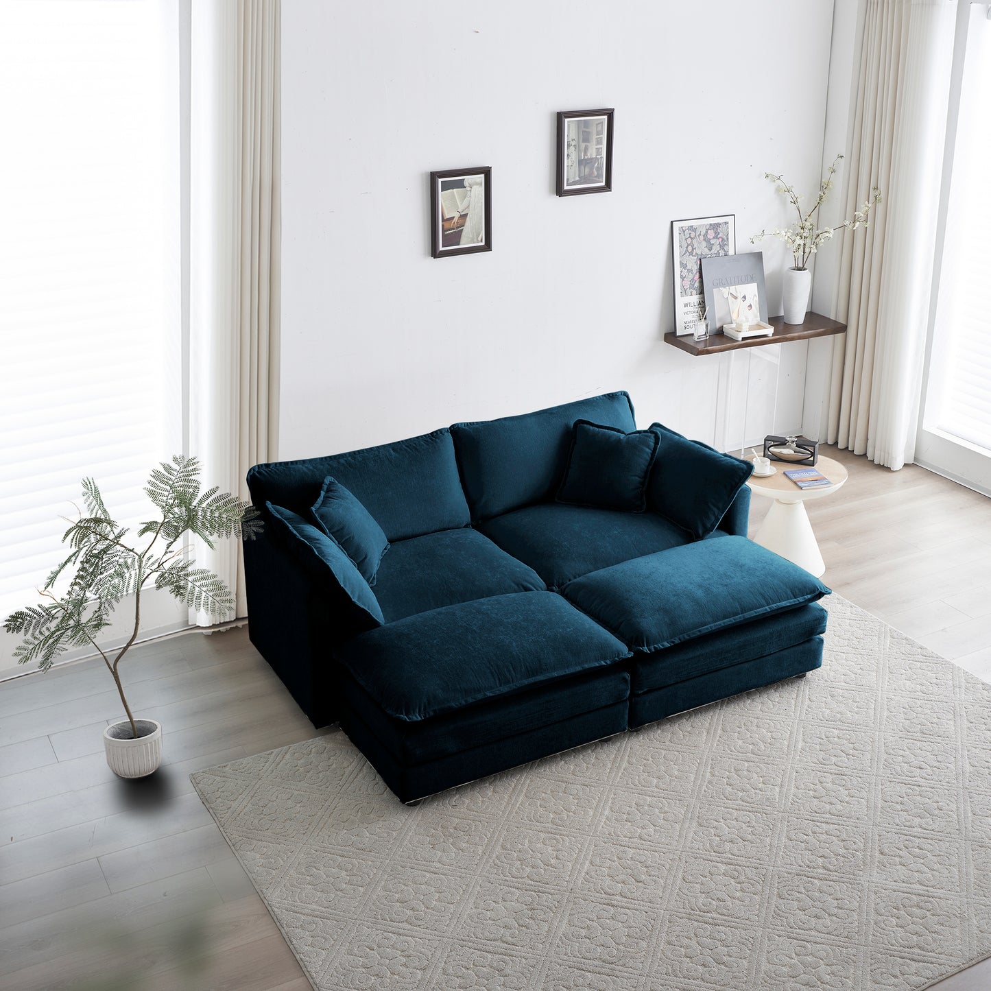 4 - Piece Upholstered Sectional Sofa, 1 - Piece of 2 Seater Sofa and 2- Piece of Ottomans, 2 Seater Loveseat Lounge with Ottomans, Blue Chenille